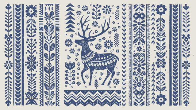 Charming folk art pattern with reindeer, flowers, and geometric shapes for festive designs and decor projects