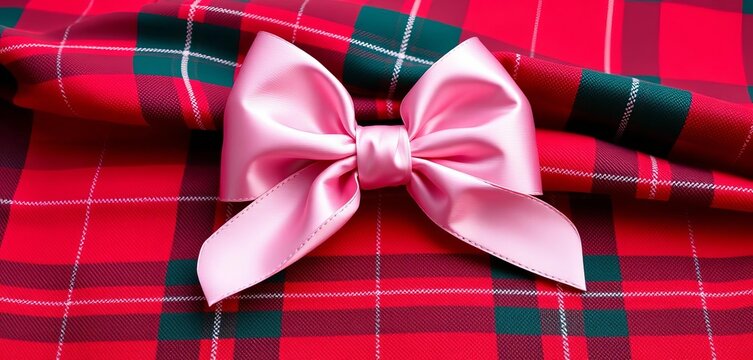 Elegant pink satin bow atop classic red & green plaid fabric ,  celebration,  wrapping - Powered by Adobe