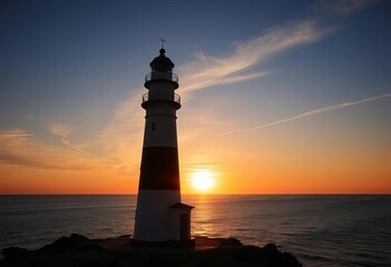 Silhouetted lighthouse at sunset, tranquil ocean scene, tranquil, ocean