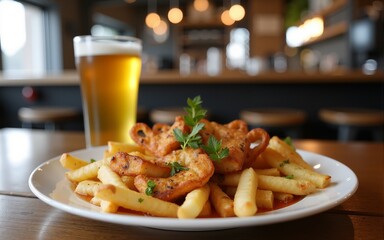 Tasty Food With Glass Of Beer On Table In Cafe. High quality