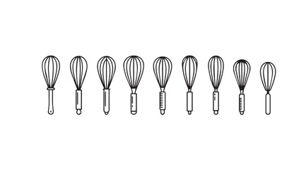 Collection of kitchen whisks in a row silhouette