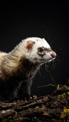 Close-up of a ferret with dark eyes & fur, perched on textured bark against a dark background