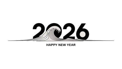 New Year 2026: A minimalist, artistic greeting card design, featuring the year 2026 with a stylized wave graphic element and the message Happy New Year, set against a clean backdrop. 