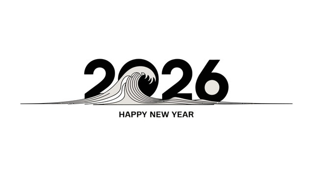 New Year 2026: A minimalist, artistic greeting card design, featuring the year 2026 with a stylized wave graphic element and the message Happy New Year, set against a clean backdrop. 