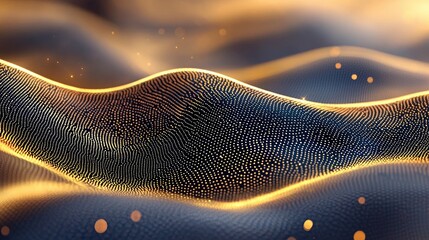 An abstract image of a digital wave with golden light and particles, creating a sense of movement and energy.