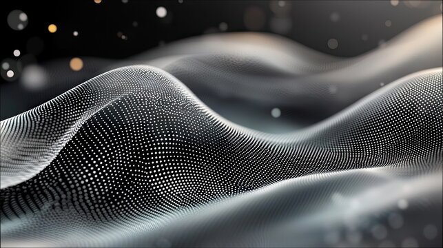 An abstract digital illustration of a waveform created with glowing dots, set against a dark background with bokeh effects.