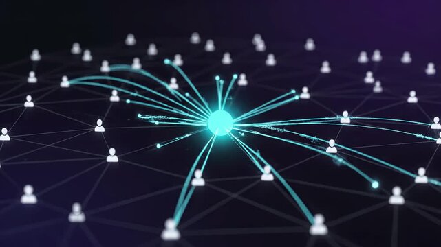 Glowing central hub radiating connection lines to user icons across network. Digital communication infrastructure visualization representing social connectivity, online collaboration and information