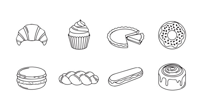 Collection of delicious pastry and dessert icons in a simple line art silhouette