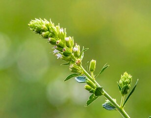 Close-up of a flowering plant stem with tiny white blossoms against a blurred green background, lit brightly