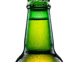 Close-up of a frosty green bottle neck with a green cap, condensation visible against a bright, white background