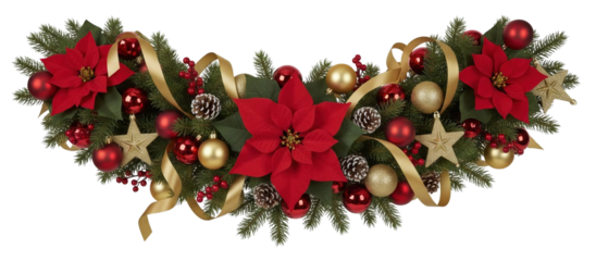 Vibrant Christmas garland clipart decorated with poinsettias, red and gold ornaments, pinecones and ribbons, delivered as a transparent isolated PNG ideal for holiday cards, posters, packaging, design