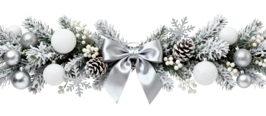 Frosted silver Christmas garland clipart with white ornaments, pinecones, winter foliage and a satin bow, delivered as a transparent isolated PNG perfect for elegant holiday cards, branding and design