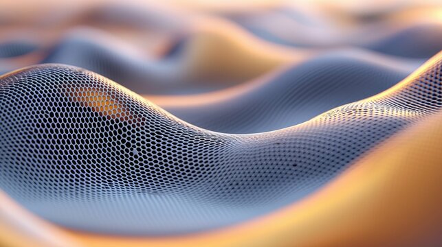 Close-up of a 3D rendered abstract mesh with wave-like forms, bathed in warm golden light. - Powered by Adobe