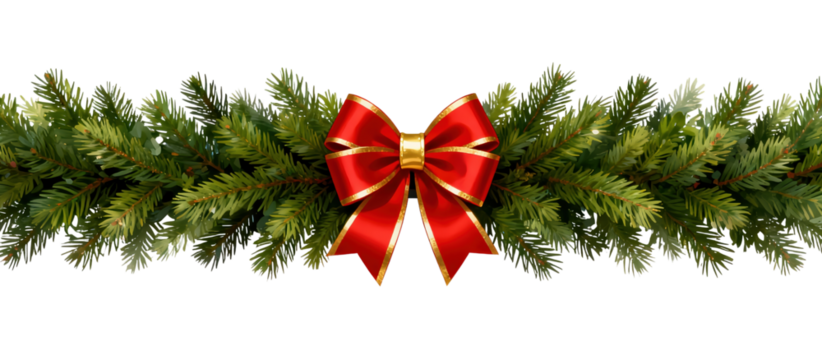Clean simple Christmas pine garland clipart with a bright red bow, produced as a transparent isolated PNG for cards, posters, invitations, product mockups and festive digital design projects