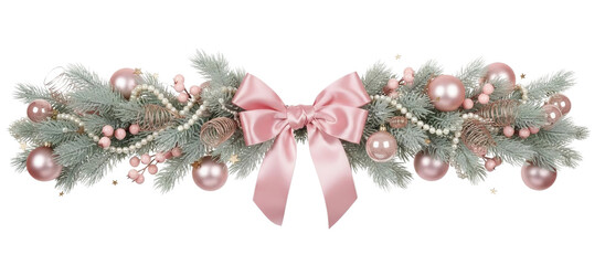 Pastel Christmas garland clipart with soft pink bow, frosted pine branches and glossy ornaments, as a transparent isolated PNG ideal for feminine holiday cards, branding and packaging