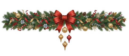 Classic Christmas garland clipart with red bow, gold ornaments, beads and hanging baubles over pine branches, as a transparent isolated PNG perfect for banners, headers, cards and layouts