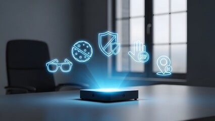 Holographic projection displaying security and protection icons in a modern office setting