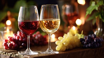 oenology. Wine glasses with red and white varieties beside grape cluster on vineyard table. bar promotions, beverage menus, designed for food & beverage menus and cafe branding, used by ui designers.