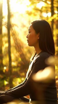 Person in relaxed posture in a sun-dappled autumn forest at golden hour, golden bokeh & lens flares, slow push-in MCU vertical video. Natural well-being concept