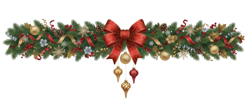 Classic Christmas garland clipart with red bow, gold ornaments, beads and hanging baubles over pine branches, as a transparent isolated PNG perfect for banners, headers, cards and layouts