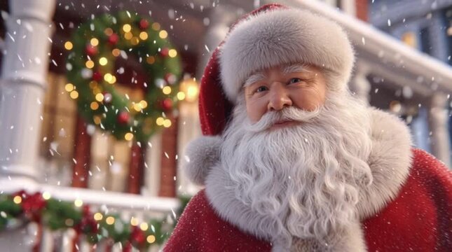 Santa makes a speech and holds a red gift box standing at the Christmas house. A gift from Santa.