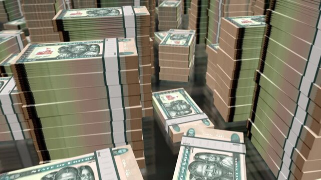 Eritrea Nakfa Eritrean money notes packs loop. 3D flight over 20 ERN banknotes stacks towers. Loopable seamless abstract background concept of business, economy crisis and finance.