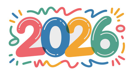 2026: A vibrant and colorful design showcases the year 2026, set against a backdrop of celebratory flourishes and dynamic waves, symbolizing new beginnings and exciting prospects.