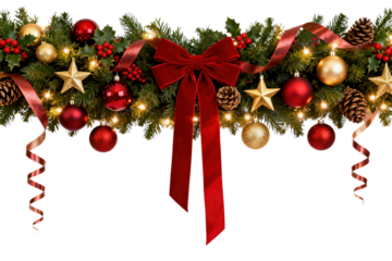 Detailed Christmas garland clipart with red bow, gold and red ornaments, pinecones and curled ribbons, delivered as a clean isolated PNG on transparent background for holiday cards, posters