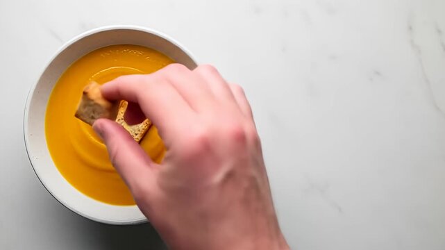 A hand dipping a crouton into a bowl of creamy orange soup.