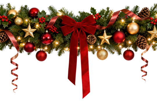 Detailed Christmas garland clipart with red bow, gold and red ornaments, pinecones and curled ribbons, delivered as a clean isolated PNG on transparent background for holiday cards, posters