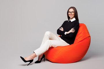 Full body side view young employee business woman corporate lawyer wear black clothes glasses shirt...