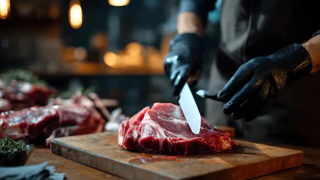 Butcher wearing black gloves skillfully cuts fresh meat on a wooden board in a well-lit butchery during the late evening hours - Powered by Adobe