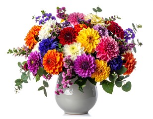 Colorful bouquet of dahlias and other flowers arranged in a light gray vase, isolated against a white background