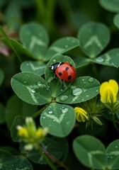 Vibrant Ladybug on Four-Leaf Clover Amidst Raindrops Captures Nature's Beauty
