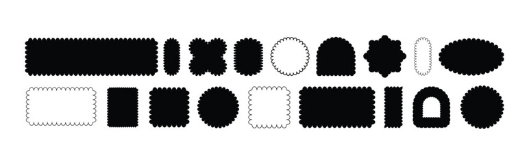 Black and White Geometric Shapes, Frames, and Stamps with Rounded and Serrated Edges