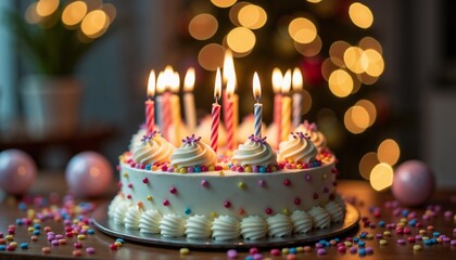 Birthday cake with candles and colorful decorations on a festive background