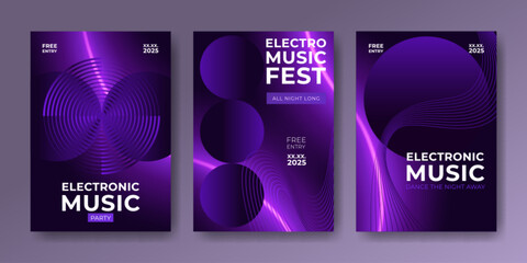 Electro music fest posters collection. Vector illustration of abstract purple geometric patterns and invitation text on dark background, night club party banners set, futuristic dance event brochure