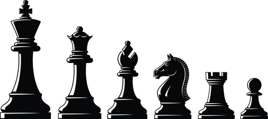 Complete black chess pieces collection vector graphic, high-contrast illustration of King, Queen, Knight, and others, symbolizing leadership, competition, and strategic planning, isolated on white © Mst