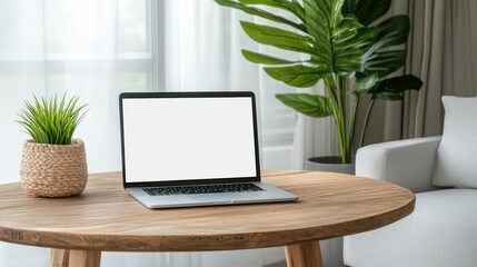 Fototapeta premium Cozy home office laptop on wooden table with potted plant and sofa