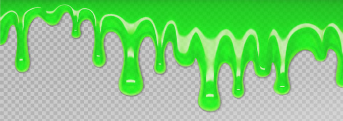 Vector green slime dripping frame with sticky jelly texture. Halloween goo border with realistic liquid splash and toxic snot drops on transparent background. Bright spooky design for monster banners
