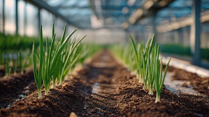 Organic Green Vegetable Plants Growing in Modern Greenhouse Farm
