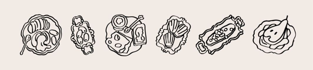 Doodle food set. Snacks, dishes on plates, trays. Breakfast, sketch drawings. Egg, olives, cheese and bread, pear dessert served in whimsical scribble style. Isolated hand-drawn vector illustrations