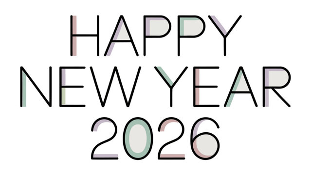 Happy New Year 2026: A minimalist greeting card design that spells out Happy New Year 2026 with a modern, elegant typography style. The design emphasizes simplicity, celebration.