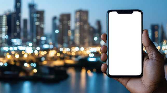 Hand holding smartphone with blank screen against blurred city skyline night full of warm bokeh - Powered by Adobe