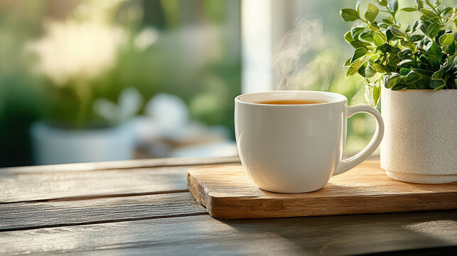 Steaming coffee cup morning light ceramic mug wooden board potted plant - Powered by Adobe
