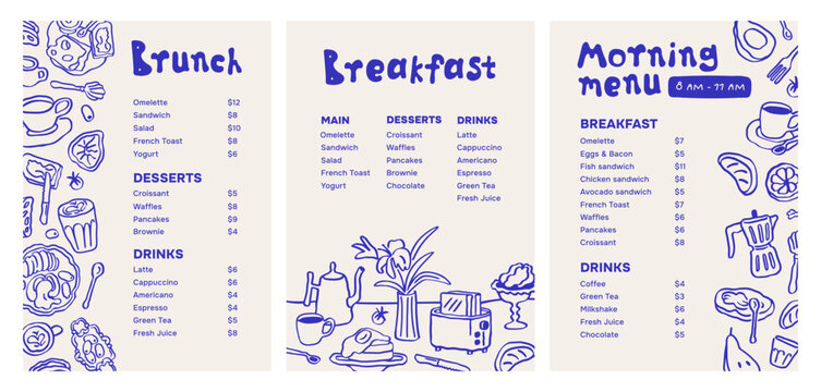 Breakfast and brunch, menu card designs, cafe and restaurant templates. Hand-drawn doodle sketch set with typography, food, snacks and drinks, Mediterranean cuisine. Flat vector illustrations