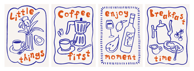 Breakfast card designs set in doodle scribble style. Modern kitchen posters with phrases, handdrawn moka pot, coffee cup, retro line drawings, whimsical sketches. Hand-drawn vector illustrations