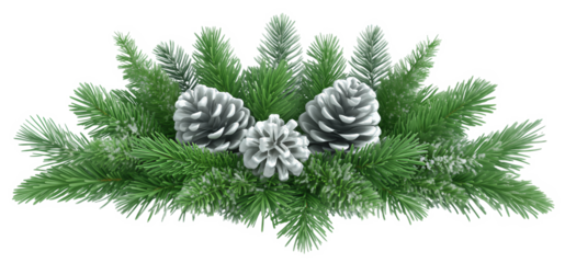 Green fir branches decorated with silver painted pine cones on a transparent background.