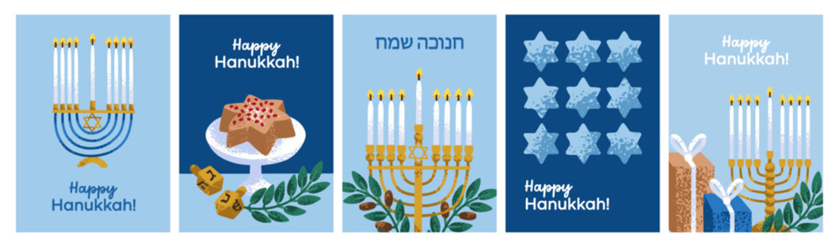 Happy Hanukkah cards set. Festive Hannukah greeting posters. Jewish holiday postcard design with traditional light menorah candles, Hanuka dreidels, jew pastries, stars. Flat vector illustrations