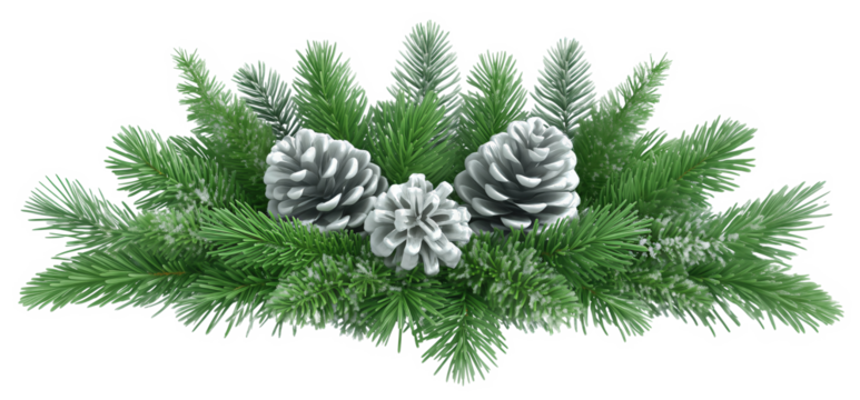 Green fir branches decorated with silver painted pine cones on a transparent background.